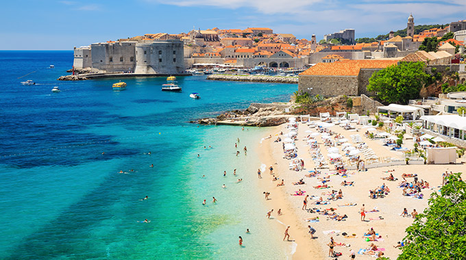 The Croatian city of Dubrovnik as seen from the south along the beach.