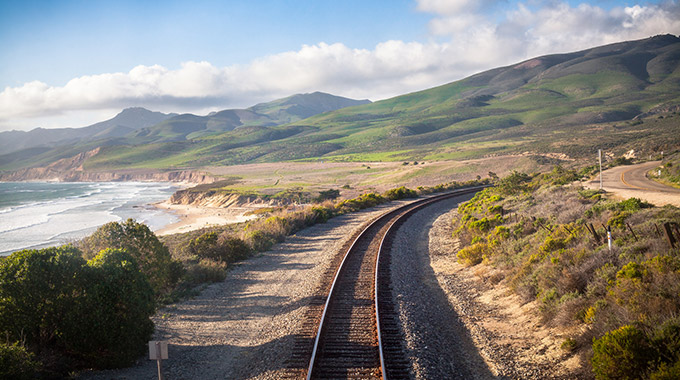 Railroad tracks by the sea near Lompoc, California