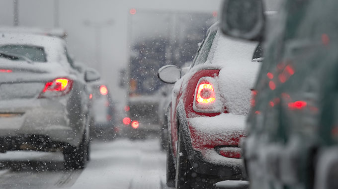 Traffic jam in snowy weather