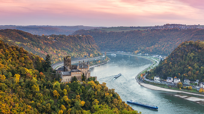 Katz Castle on the bank of the Rhine in St. Goarshausen, Germany, at sunset