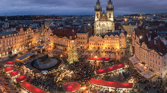 A Christmas Market in Old Town Prague, seen from above at night