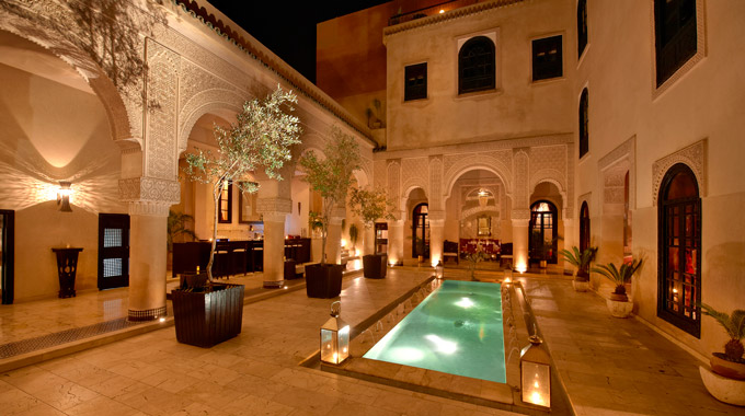 The courtyard of a riad hotel in Morocco