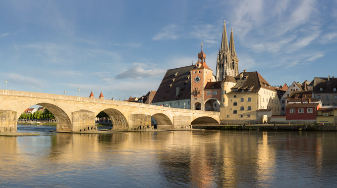 An old stone bridge in Regensburg, Germany