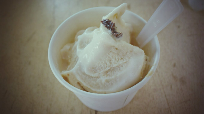 A cup of rum raisin ice cream