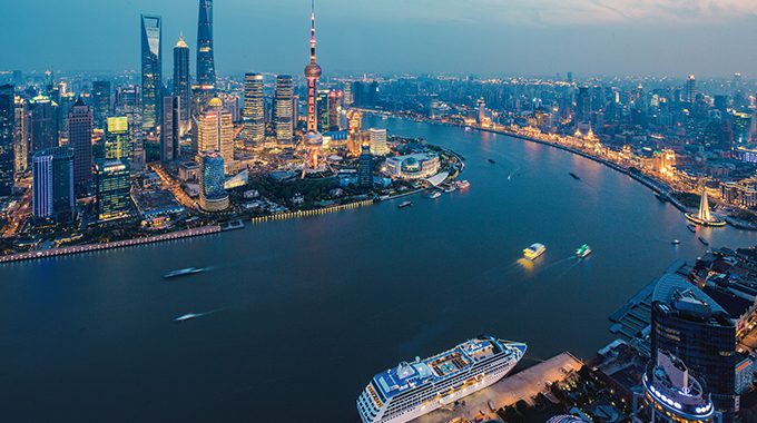 A cruise ship docked in Shanghai