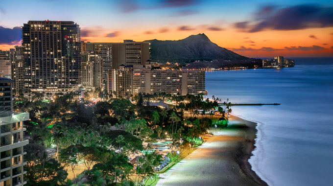 Honolulu's shoreline in the evening