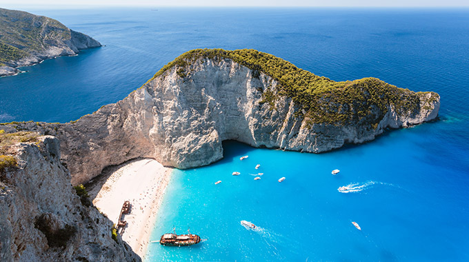 An aerial view of Navagio beach on the island of Zakynthos