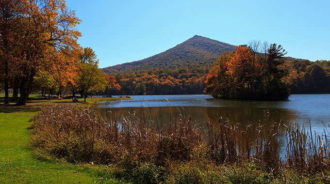 A view of Sharp Top and Abbott Lake in the Peaks of Otter