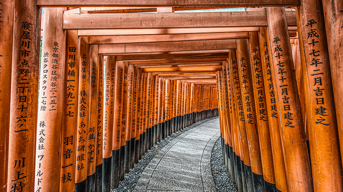 Torii gates at the Fushimi Inari Taisha shrine in Kyoto, Japan.
