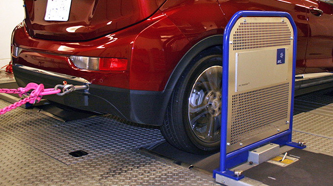 Electric car being tested on a dyanmometer