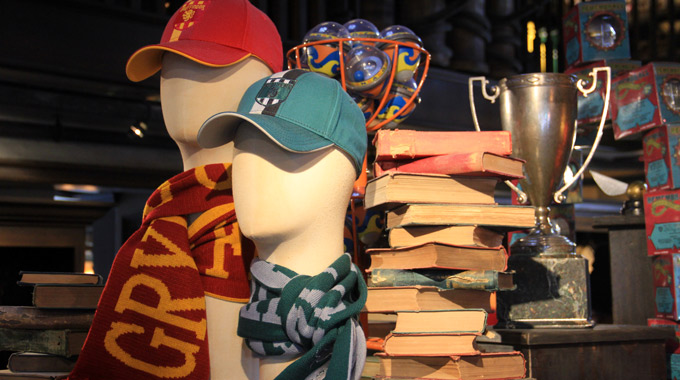 Gryffindor and Slytherin gear on display