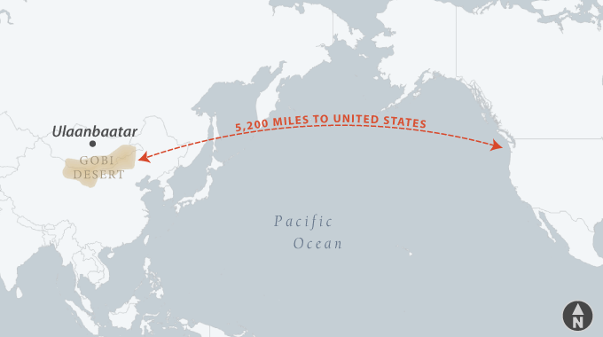 Map of the Gobi desert relative to the United States