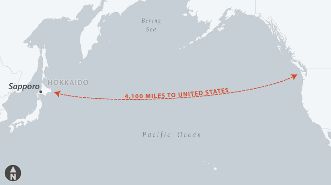 A map of Hokkaido, Japan, relative to the United States