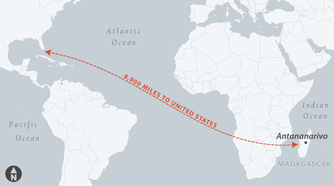 Map of Madagascar's location relative to the United States