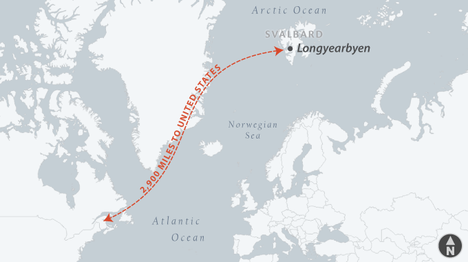 Map of Longyearbyen, Svalbard, relative to the United States