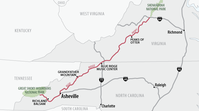 A map of the Blue Ridge Parkway in Virginia and North Carolina