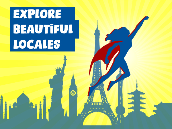 A superhero flies in front of the silhouettes of famous sights.