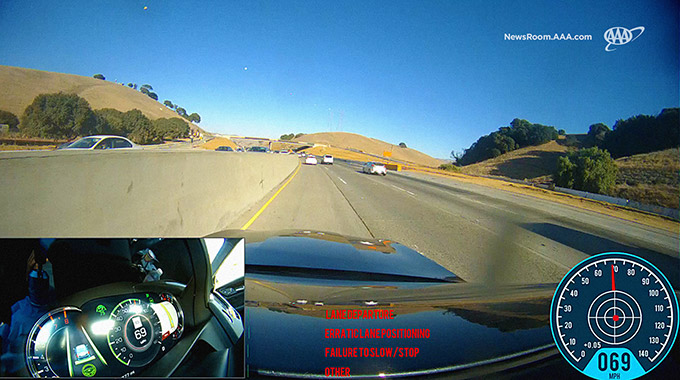 Dashcam footage from a test vehicle with speedometer and other information 