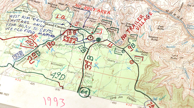 A topographical map of the South Rim of the Grand Canyon.