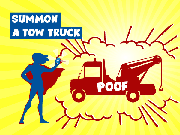 A superhero makes a tow truck poof into existence.