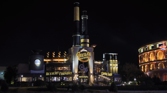 Exterior shot of the Toothsome Chocolate Emporium factory building