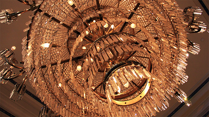 View of the chandelier at the US Grant Hotel from below