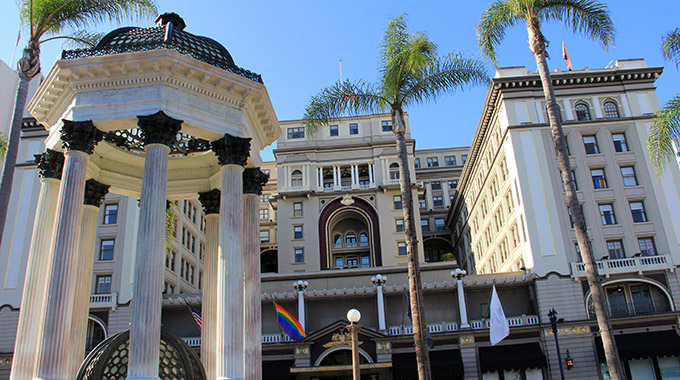 A gazebo across the street from the US Grant Hotel