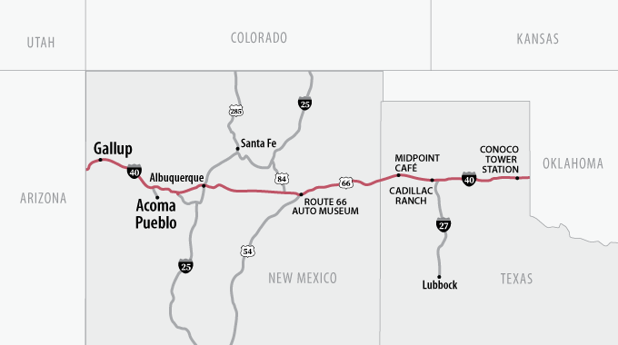 A map of U.S. Route 66 in New Mexico and Texas