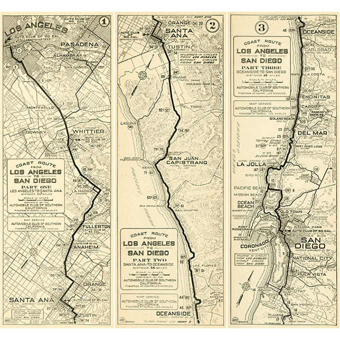 Historic strip maps of Southern California.