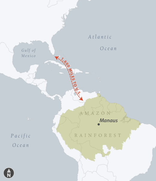 Map of the Amazon Rainforest, relative to the United States