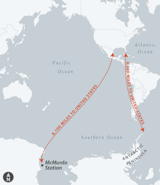 A map of Antarctica, relative to the United States