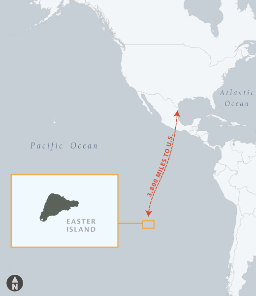 Map of Easter Island (Rapa Nui) relative to the United States