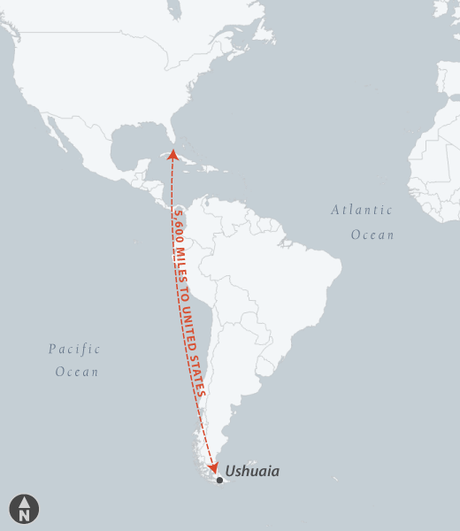 A map of Ushuaia, Argentina, relative to the United States