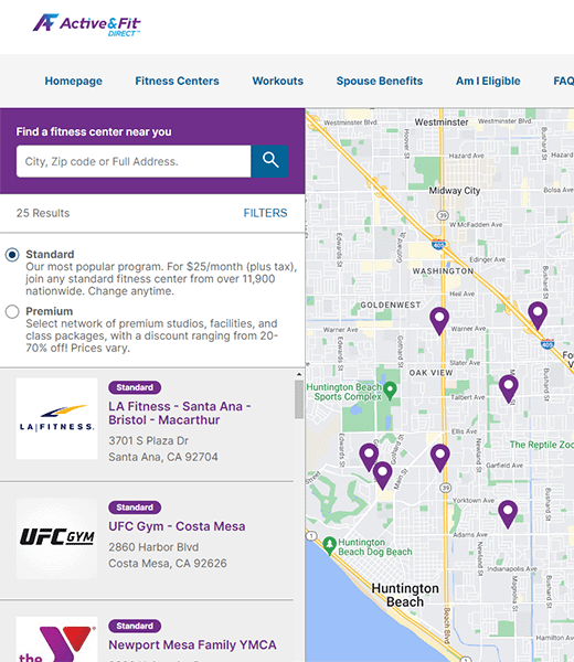 Active&Fit Direct map of nearby gyms to enroll in-