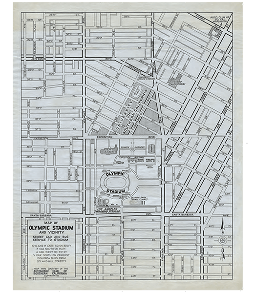 Street map from 1932, depicting the streets around the Los Angeles Memorial Coliseum.