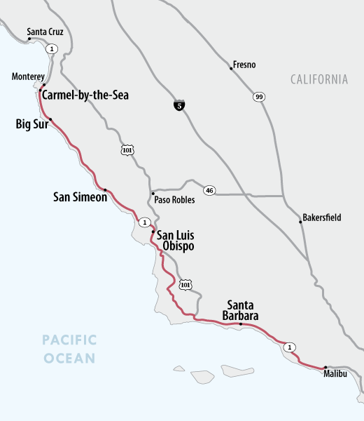 A map of California Route 1 between Malibu and Carmel