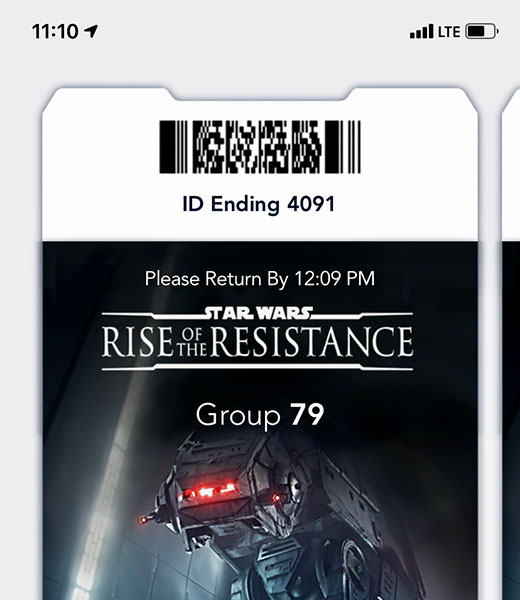 A virtual queue boarding pass for Disneyland Resort's Star Wars: Rise of the Resistance ride