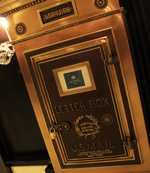The bronze letter box in the lobby of the US Grant Hotel