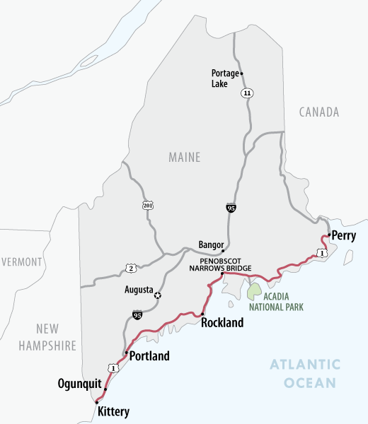 A map of U.S. Route 1 in Maine