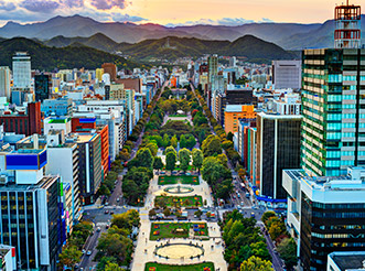 An aerial view of Sapporo, Japan, at sunset