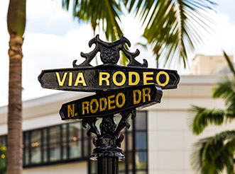 Road signs for Via Rodeo and North Rodeo Drive