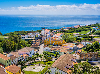 An aerial view of Ponta Delgada in the Azores, looking out to sea