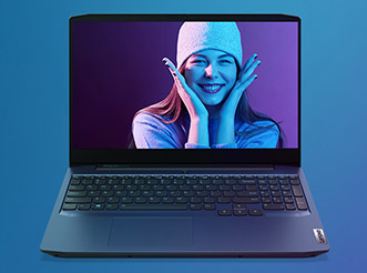 An open Lenovo laptop on a blue background