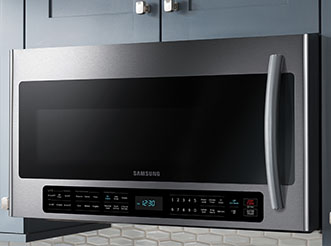 A Samsung microwave in a kitchen