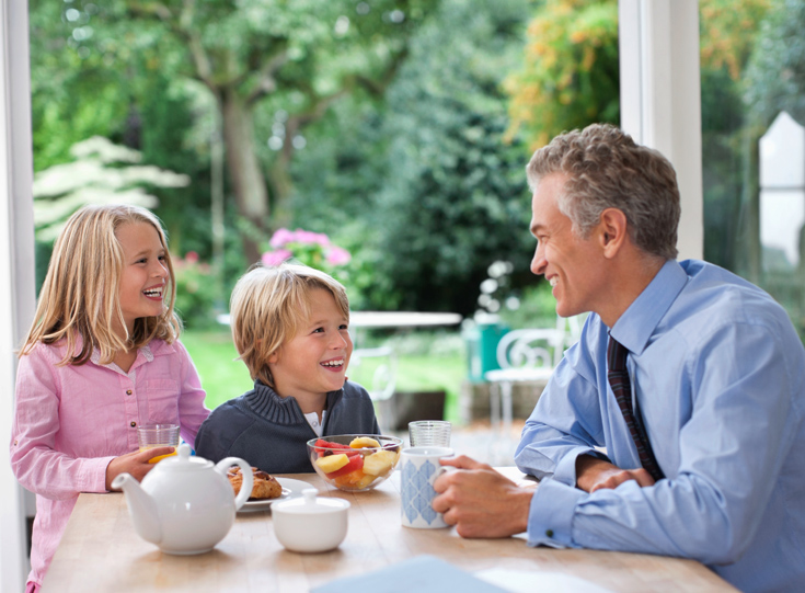 Dad and children patio breakfast Dad and children patio breakfast