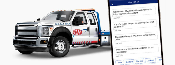 AAA ChatBot screen open on a mobile device, with a AAA Roadside Assistance tow truck in the background AAA ChatBot screen open on a mobile device, with a AAA Roadside Assistance tow truck in the background
