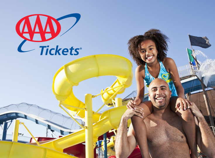 Father with daughter sitting on his shoulders in front of a waterslide with an overlay of the AAA Tickets logo Father with daughter sitting on his shoulders in front of a waterslide with an overlay of the AAA Tickets logo