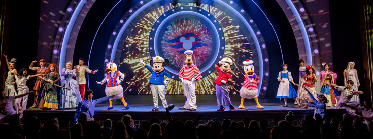 Disney characters performing on stage on Disney Wish cruise ship Disney characters performing on stage on Disney Wish cruise ship