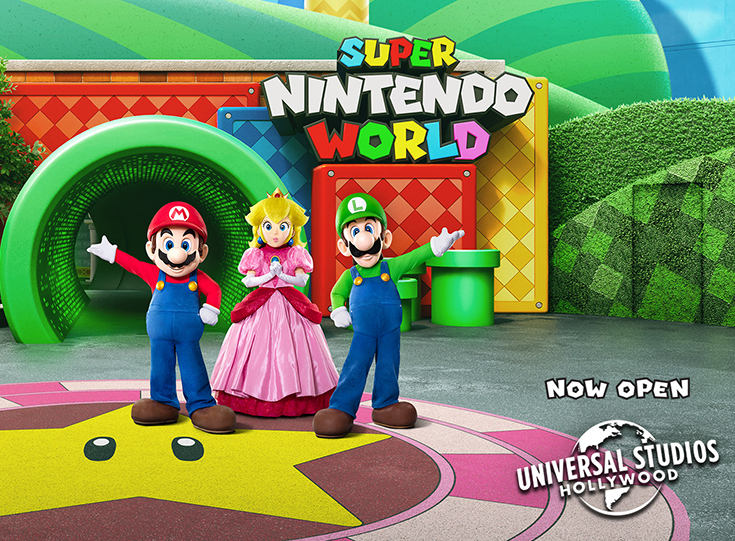 Mario, Princess Peach and Luigi stand in front of SUPER NINTENDO WORLD entrance at Unviersal Studios Hollywood. Mario, Princess Peach and Luigi stand in front of SUPER NINTENDO WORLD entrance at Unviersal Studios Hollywood.