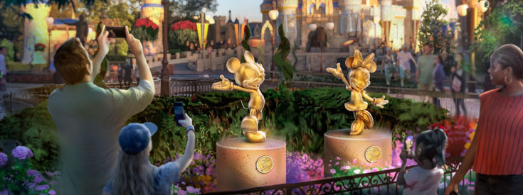 A photo rendering shows Walt Disney World parkgoers taking pictures of shining Mickey and Minnie Mouse statues A photo rendering shows Walt Disney World parkgoers taking pictures of shining Mickey and Minnie Mouse statues